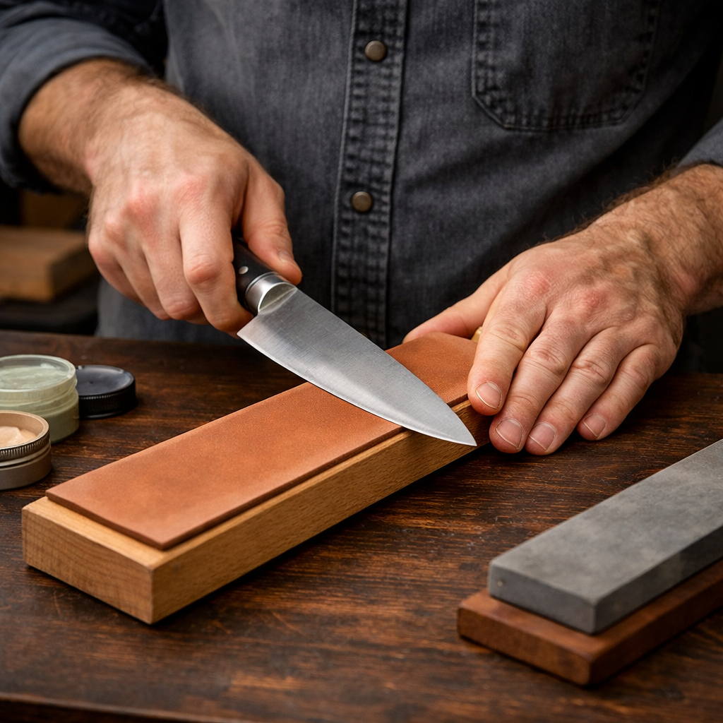 Un homme utilise un cuir d'affûtage pour la finition de son couteau